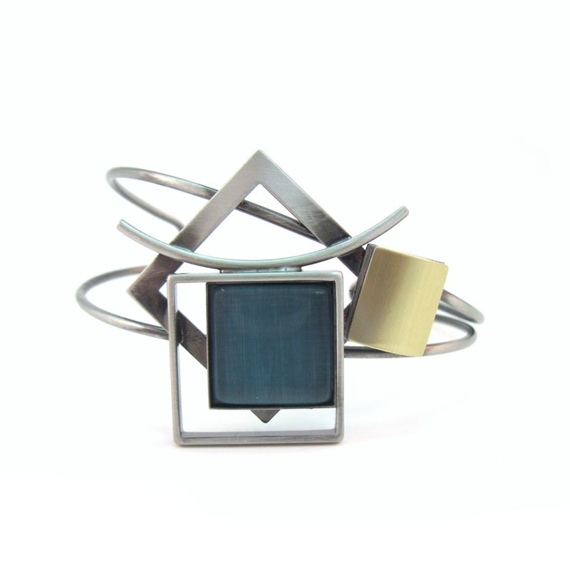 Two-tone Squares and Blue Catsite Cuff Bracelet by Crono - Click Image to Close